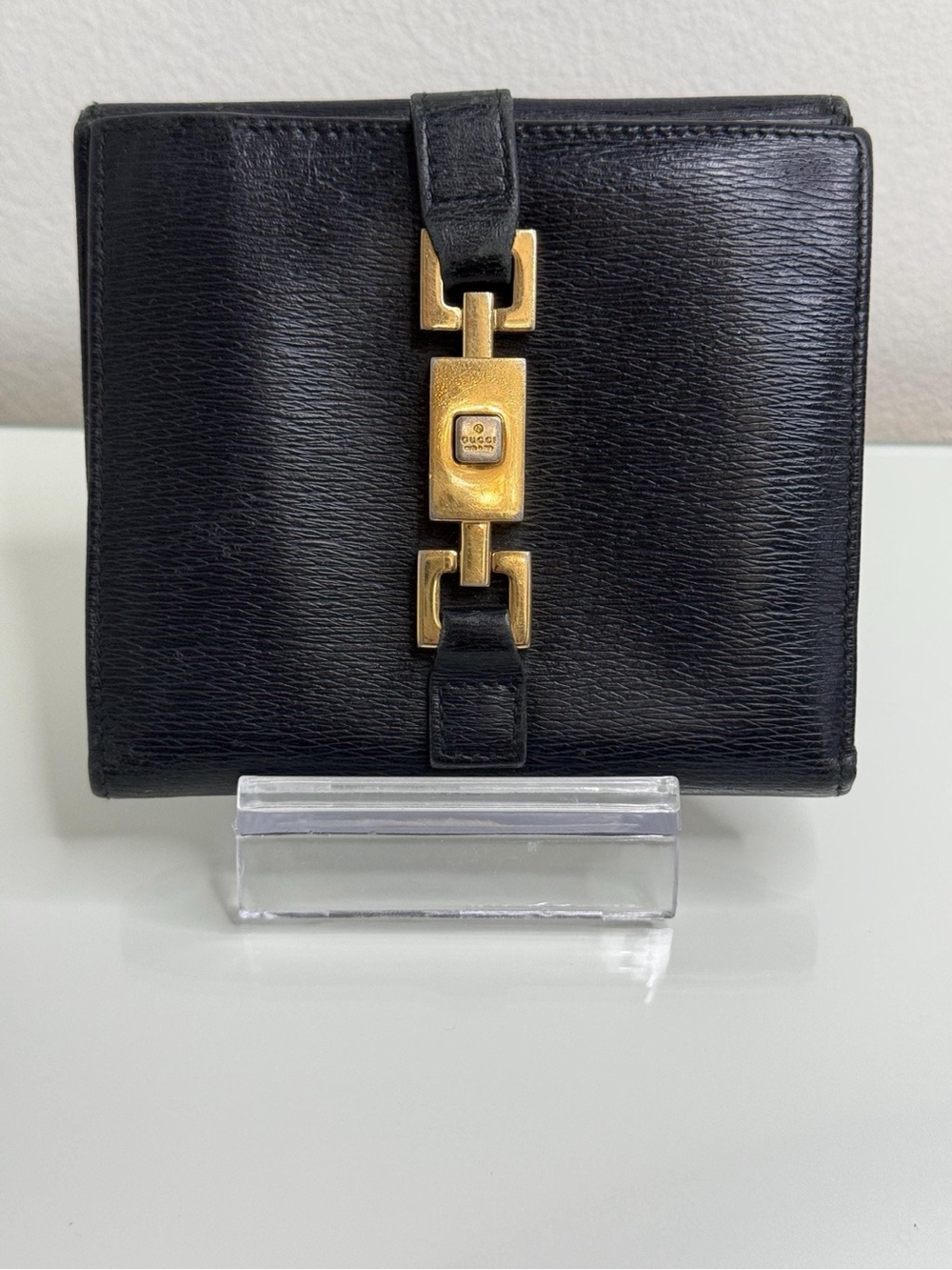 Gucci Vintage Jackie Black Leather Bi-Fold Wallet with Gold Hardware